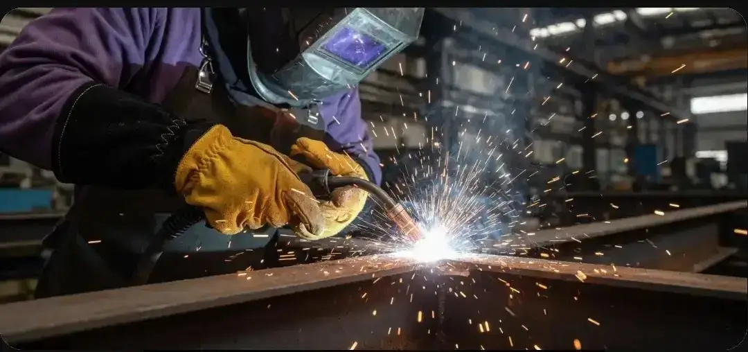 Industrial MIG welding application showcasing gloves with balanced EN 388 Level C-D cut and abrasion resistance. and EN 407