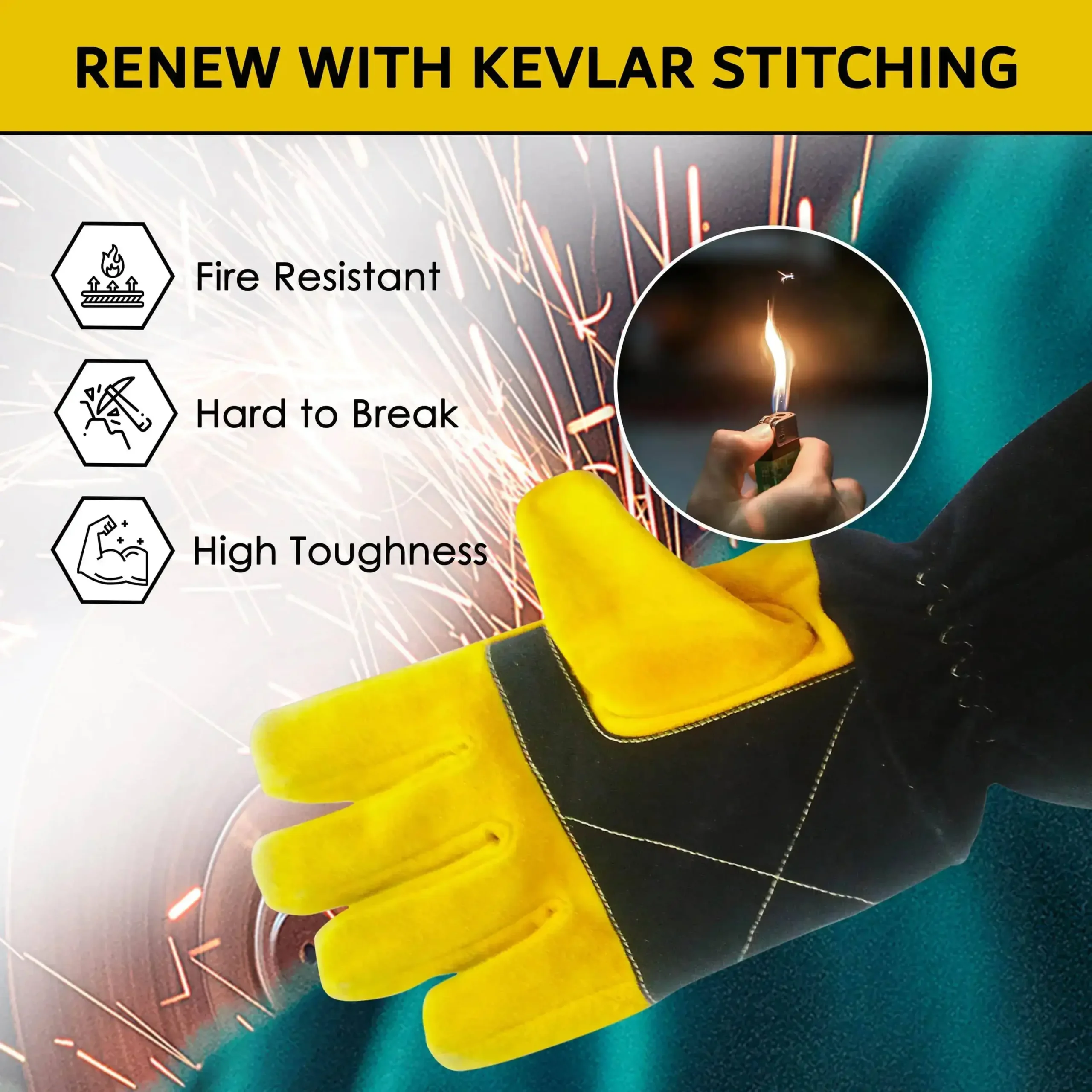 Impact abrasion resistant welding gloves with Kevlar stitching featuring fire resistance and high toughness materials.