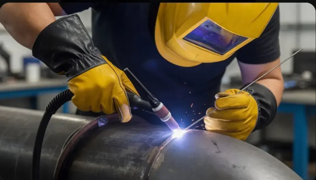 Professional welder performing high-heat resistance spark and molten resistance proof. EN 407 and EN 388.