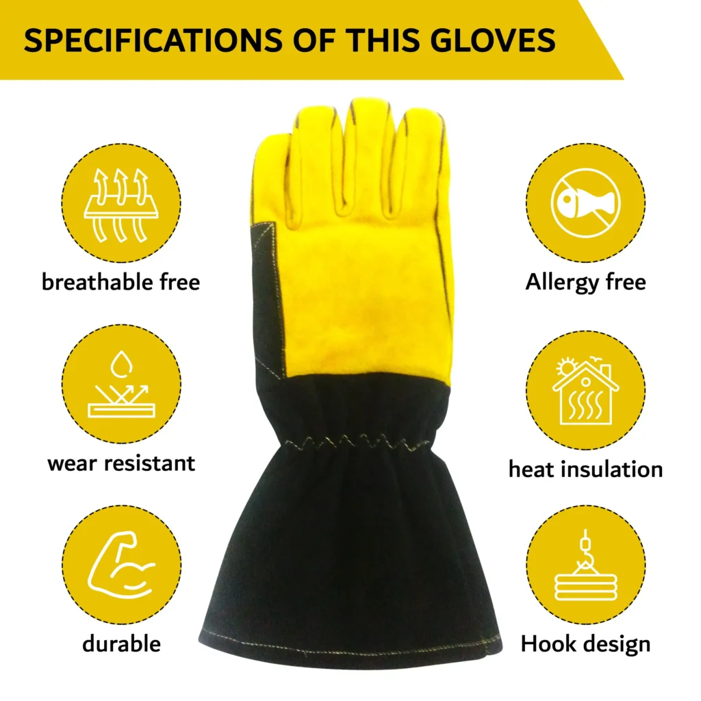 Technical specifications for ARASWELD precision gloves including heat insulation breathable leather and wear resistance, ANSI A4 Cut Resistance,Impact Abrasion Resistant