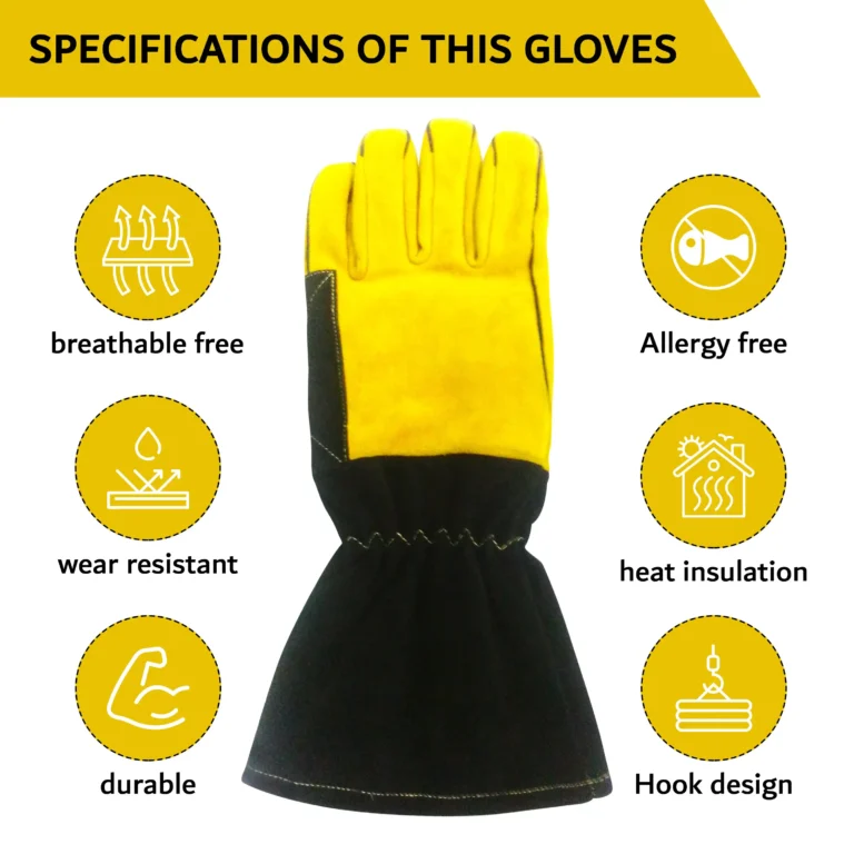 Technical specifications for ARASWELD precision gloves including heat insulation breathable leather and wear resistance, ANSI A4 Cut Resistance,Impact Abrasion Resistant