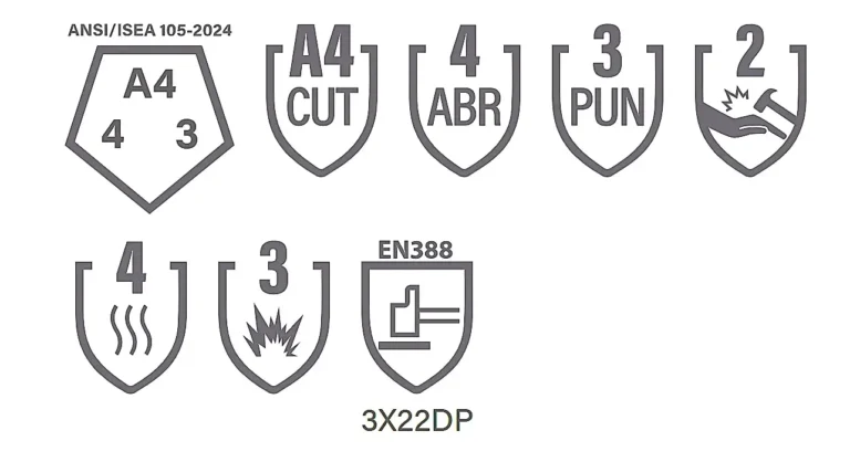 Arasweld industrial welding gloves certification chart showing ANSI/ISEA 105-2024 and EN388 ratings with A4 cut resistance, level 4 abrasion, level 3 puncture, and 3X22DP mechanical protection performance