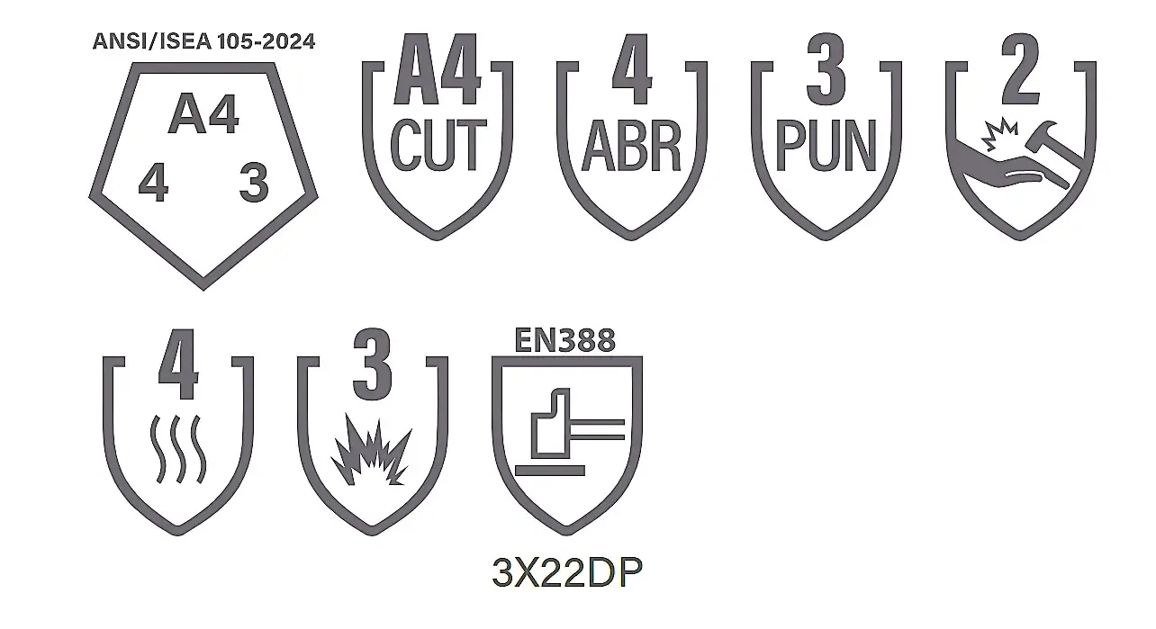 Arasweld industrial welding gloves certification chart showing ANSI/ISEA 105-2024 and EN388 ratings with A4 cut resistance, level 4 abrasion, level 3 puncture, and 3X22DP mechanical protection performance