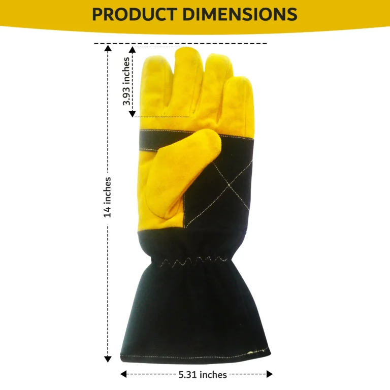 ARASWELD yellow and black leather welding glove product dimensions showing a 14.1-inch overall glove length, 3.93-inch finger length, and 5.31-inch cuff width for hand, wrist, and lower-forearm coverage.