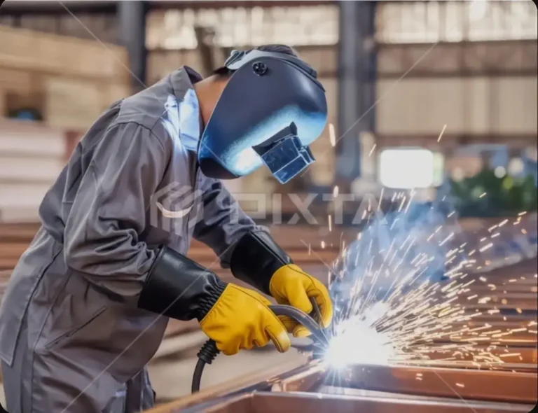 A welder is working on a Steel piece with sparks flying around it. He is working in a factory. He is wearing Arasweld heat-resistant welding gloves.