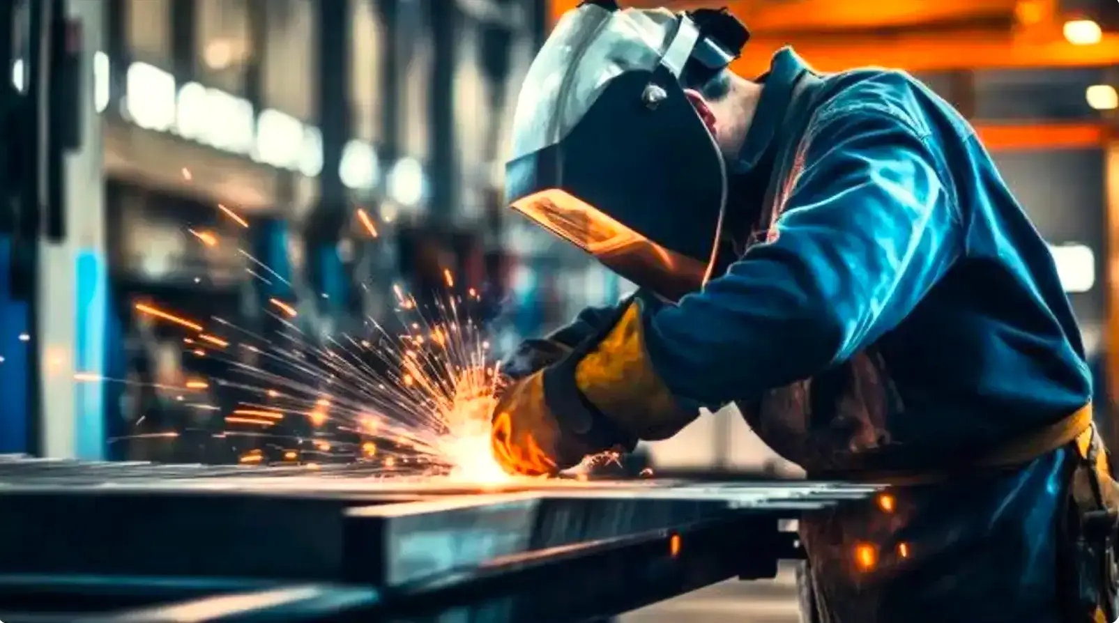Professional welder wearing heavy-duty protective gloves and a welding helmet while working on a factory floor with flying sparks, representing ARASWELD's 12 years of hands-on industrial experience.