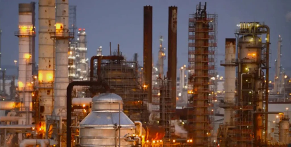 Industrial oil refinery where welders use EN 388 and EN 407 certified arasweld welding gloves for high-temperature maintenance and steel fabrication.