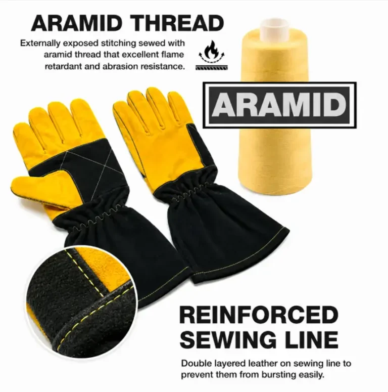 ARASWELD welding gloves featuring reinforced stitching with aramid fiber (Kevlar®) thread, providing excellent heat resistance, high tensile strength, cut resistance, and long-lasting durability for professional welding applications.