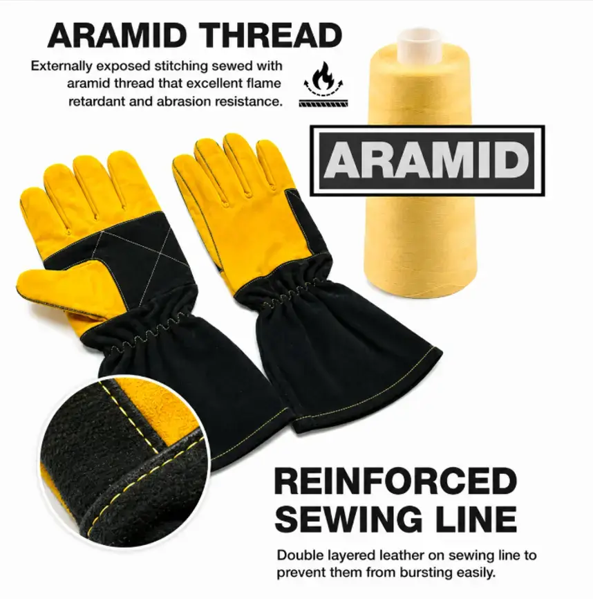 ARASWELD welding gloves featuring reinforced stitching with aramid fiber (Kevlar®) thread, providing excellent heat resistance, high tensile strength, cut resistance, and long-lasting durability for professional welding applications.