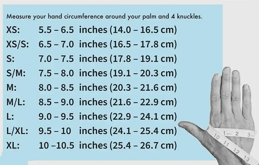 Welding glove hand circumference size chart showing how to measure around the palm and four knuckles, with recommended glove sizes from XS to XL based on inch and centimetre measurements.