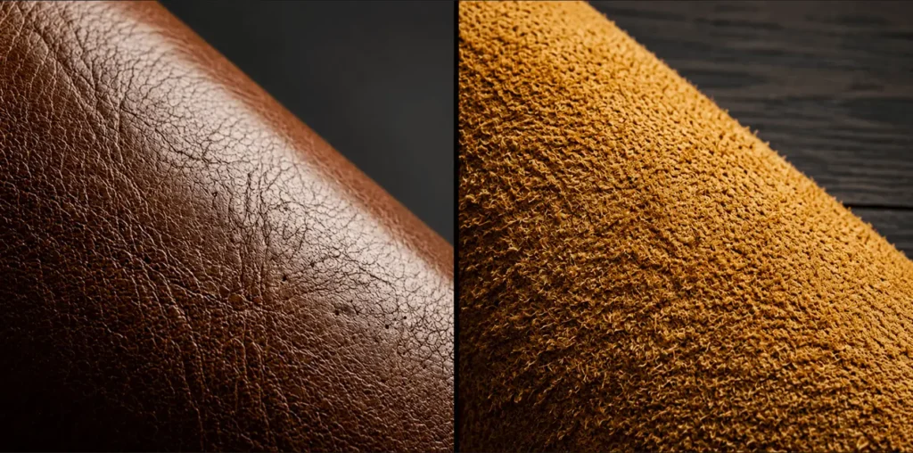 Close-up comparison of smooth grain leather and textured split leather, showing the contrasting surfaces of materials commonly used for welding gloves.