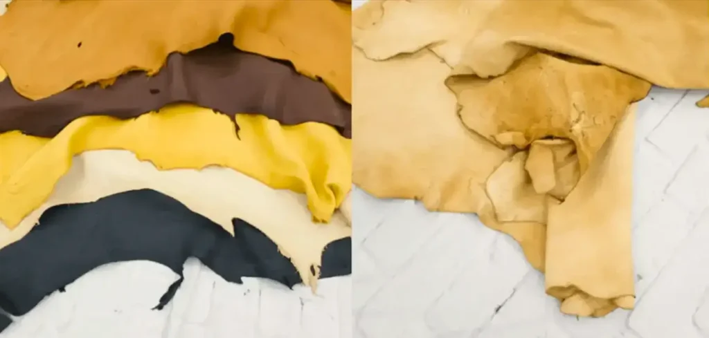 Assorted natural leather hides used to explain welding glove materials and leather quality